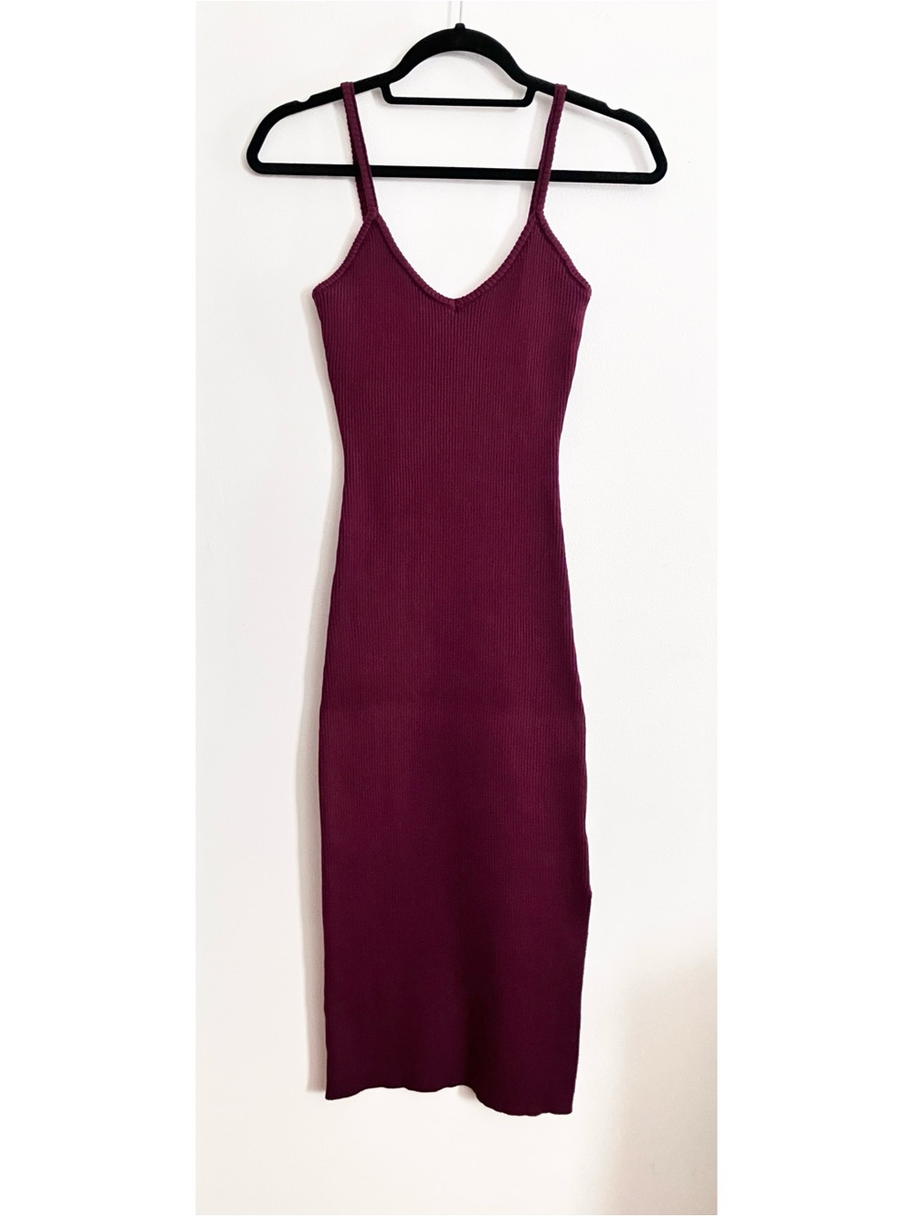 Emory Park Cranberry Ribbed Body Con Spaghetti Strap Midi w/ Hip Slit Women’s SM